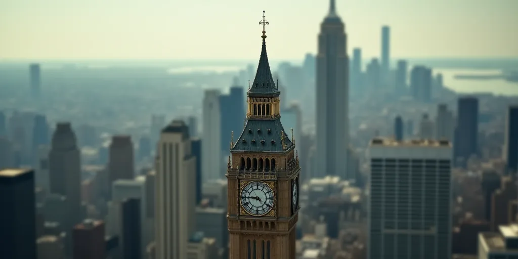 a view of a city from a high rise building with a clock tower in the foreground and a large clock on