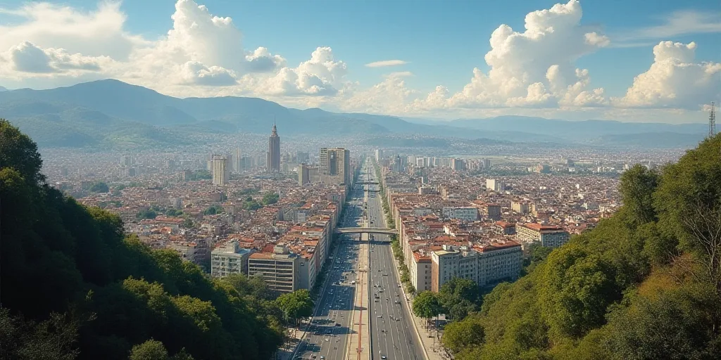 a view of a city from a high viewpoint of a highway and a bridge with a sculpture in the middle, Fed