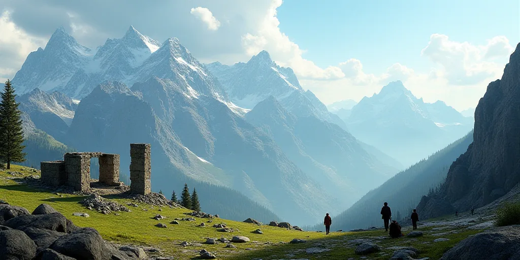 a view of a mountain range with a few ruins in the foreground and a few people standing on the other