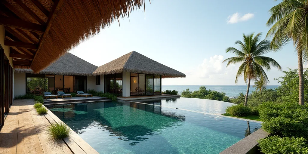a view of a pool and a resort from a balcony of a building with a thatched roof and thatched roof, E