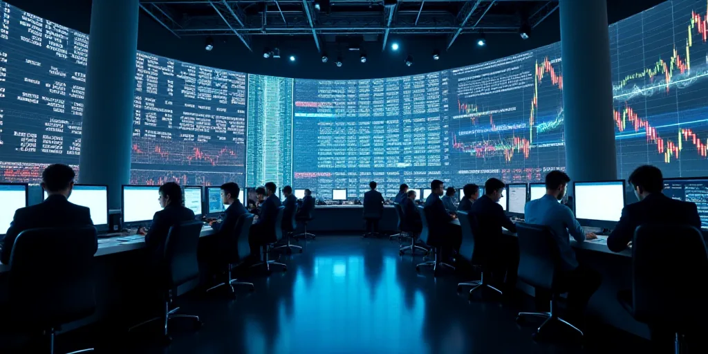 a view of a stock market with people working on their computers and on their phones and on their pho
