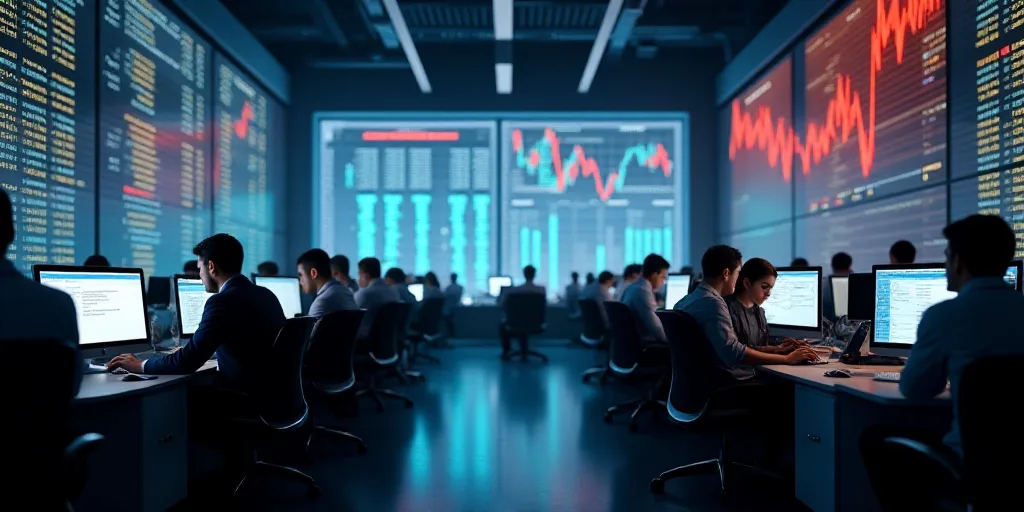 a view of a stock market with people working on their computers and on their phones and on their pho