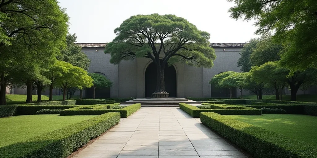 a walkway leading to a building with a tree in the middle of it and a walkway leading to a building