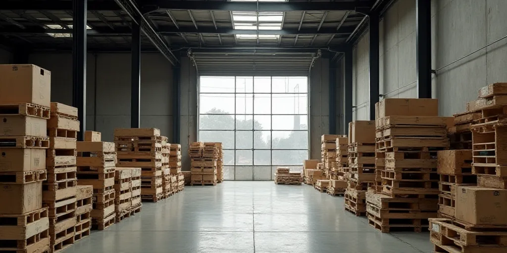 a warehouse with pallets and boxes in it and a large window in the background that shows a warehouse