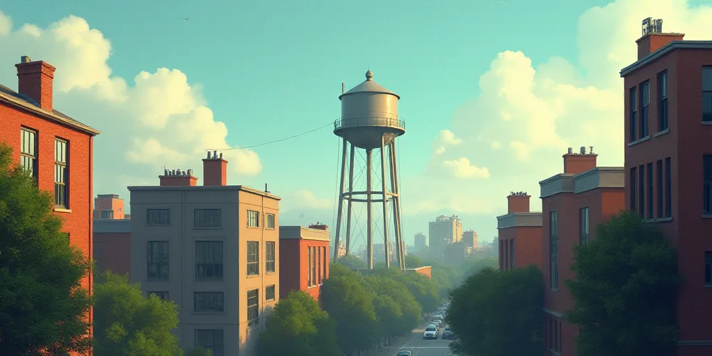 a water tower is seen in the distance behind a row of buildings in a city area with tall buildings,