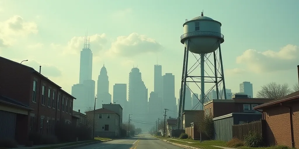 a water tower is seen in the distance behind a row of buildings in a city area with tall buildings,