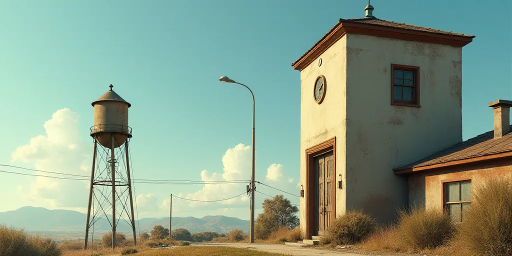 a water tower next to a building with a clock on it's side and a window on the other side, Elbridge