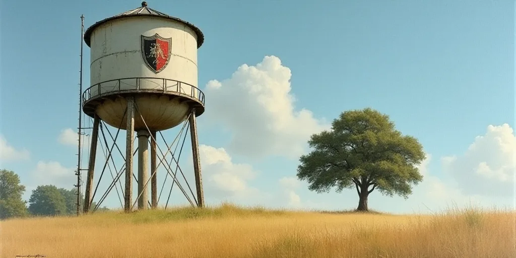 a water tower with a shield on it and a tree in the background with a sky background and a few cloud