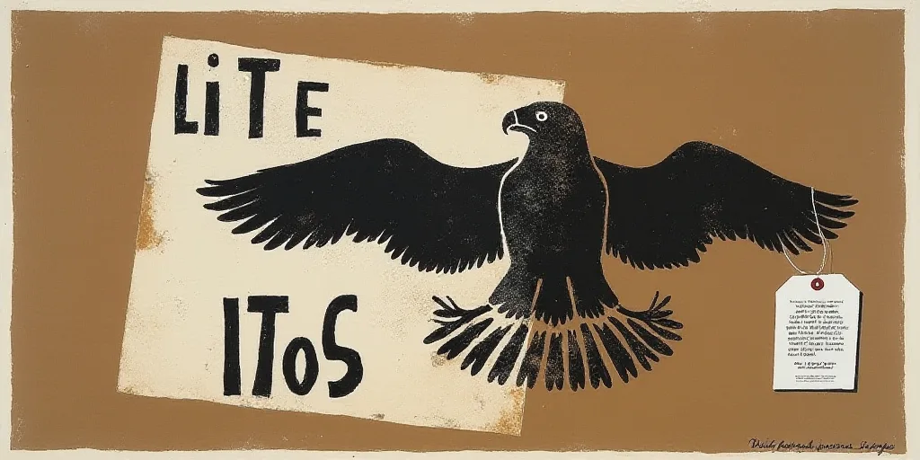 a white and black sign on a brown surface with a brown background and a white tag with a black eagle