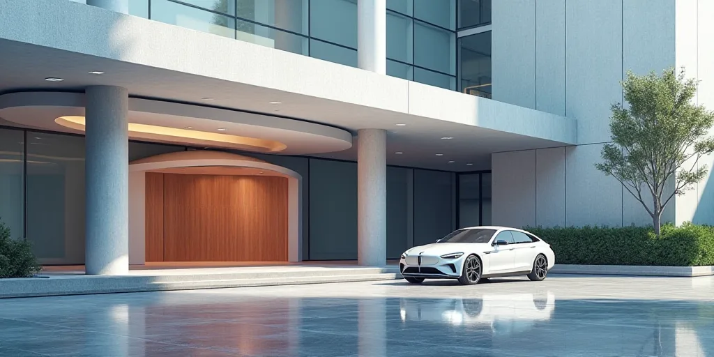 a white car parked in front of a building with a circular entrance and a sign that says diffrent, Ai