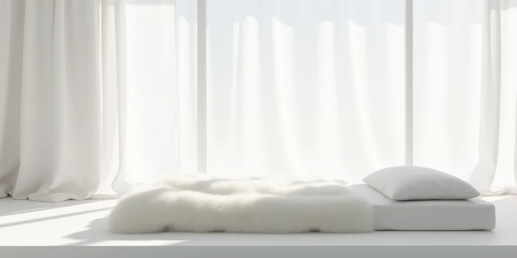 a white room with a large window and a white bed with white fur on it and a white curtain, Didier Mo