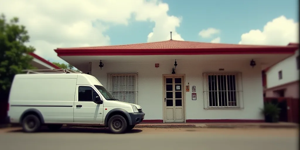 a white van parked in front of a building with a red roof and a white van parked in front of it, Eng