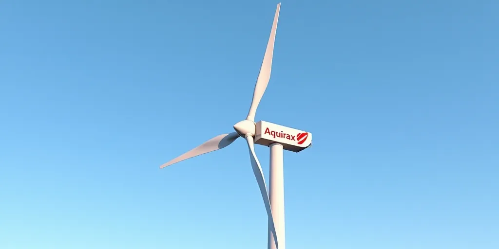 a white wind turbine with a red and white logo on it's side and a blue sky behind it, Aquirax Uno, u