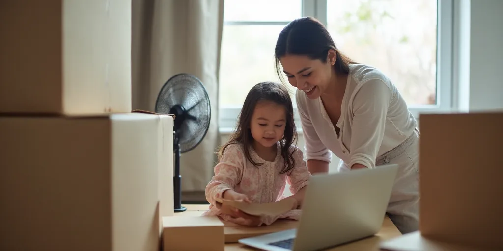a woman and a child are packing boxes in a room with a fan and a window behind them and a table with
