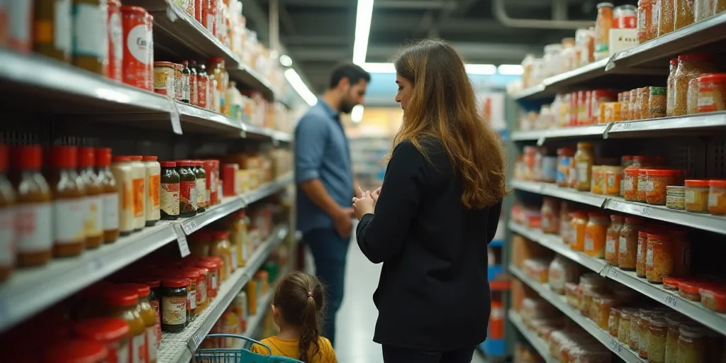 a woman and a child are shopping in a store with shelves of food and supplies on the shelves and a m