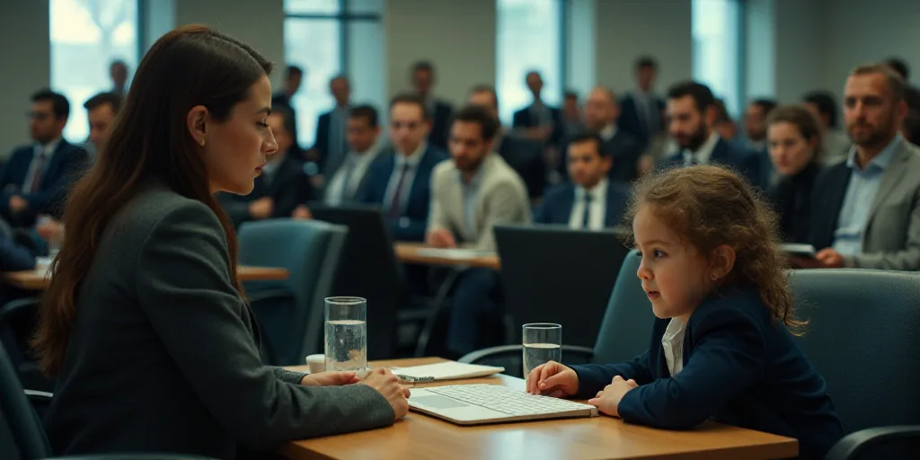 a woman and a child sitting at a table with computers in a room full of people in suits and ties, Ar