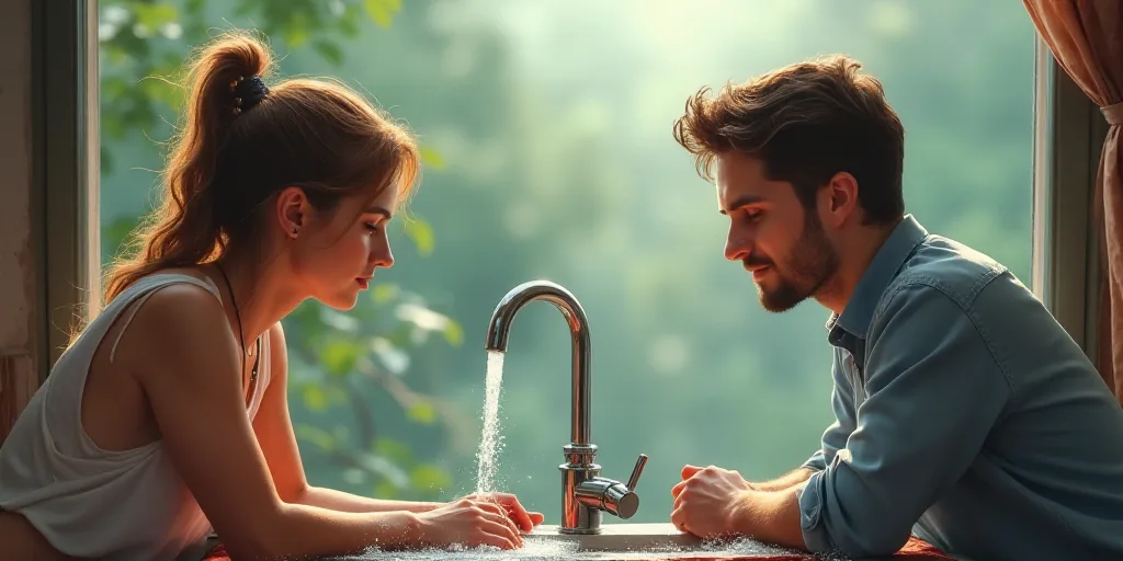 a woman and a man are sitting at a table with a water faucet in front of them, Avgust Černigoj, wat
