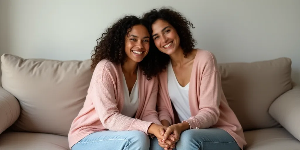 a woman and a woman sitting on a couch together smiling at the camera and holding hands together, wi