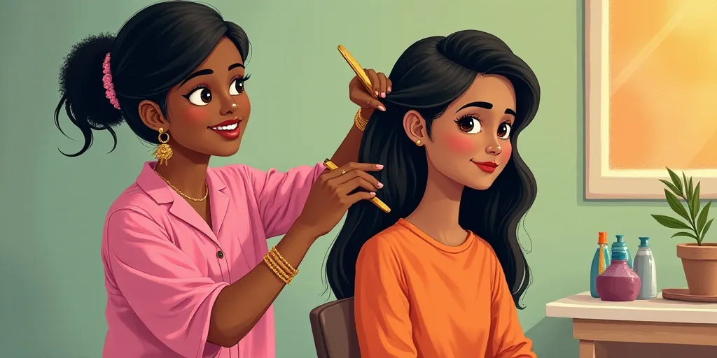 a woman getting her hair cut by a woman in a pink shirt and a pink flowered shirt on, Ella Guru, awa
