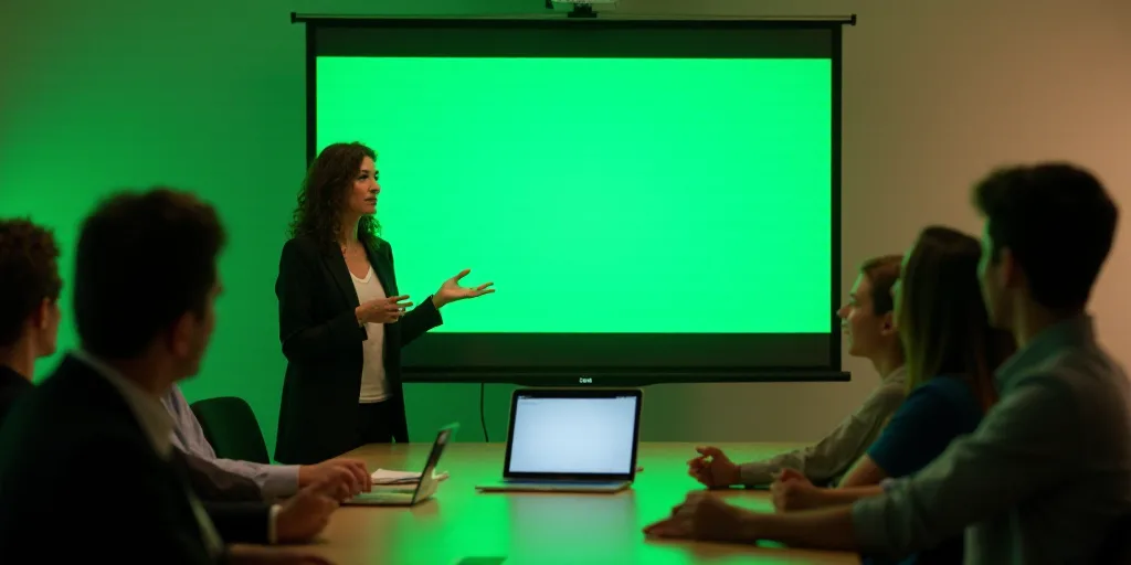 a woman giving a presentation to a group of people in a meeting room with a laptop and a television,