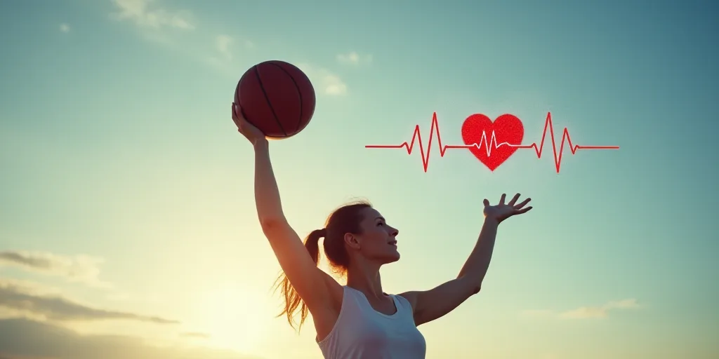 a woman holding a basketball up to the sky with a heartbeat chart on it and a graphic of a heart, É