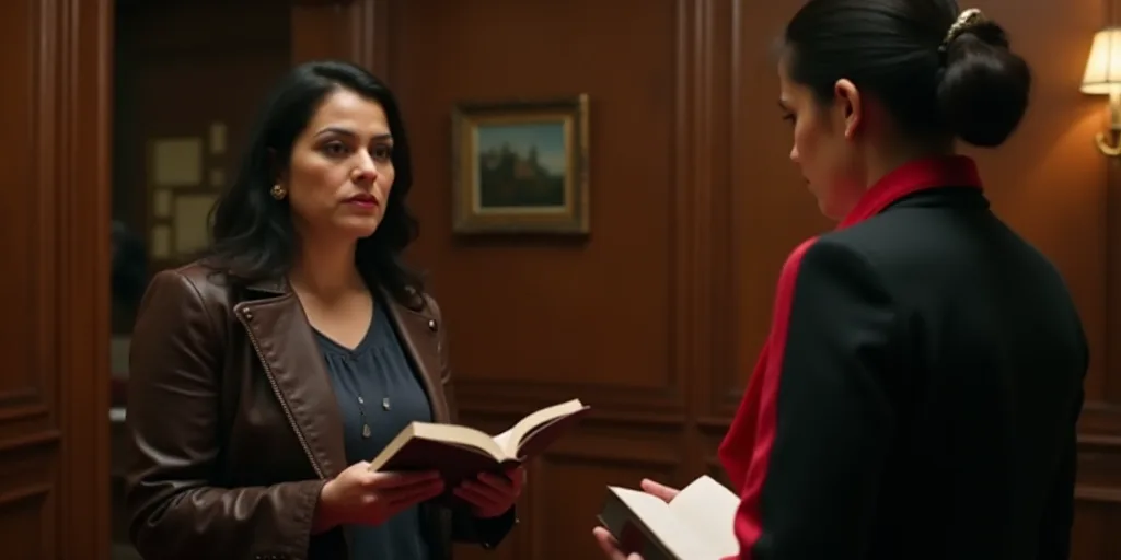 a woman holding a book in front of a woman in a red jacket and black jacket in a brown room, Amelia