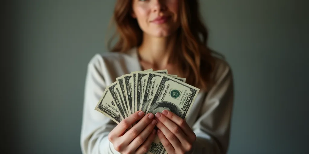 a woman holding a bunch of money in her hands with a wallet in her hand and a wallet in her other ha