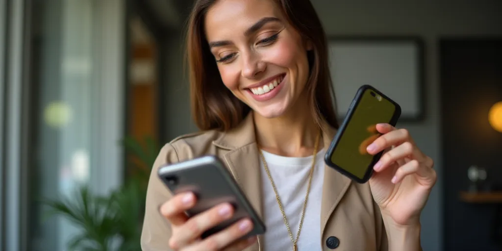a woman holding a cell phone and a credit card in her hand while looking at it with a smile, Andries