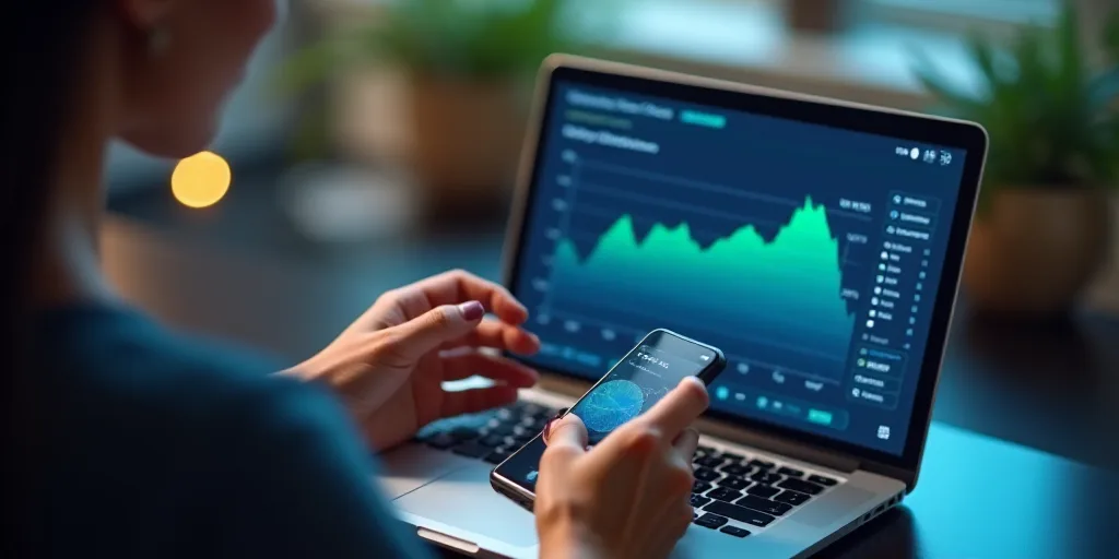 a woman holding a cell phone and a laptop computer in her hands while looking at a chart on a screen