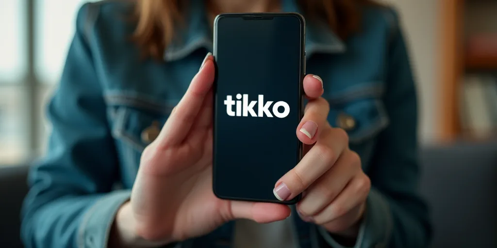 a woman holding a cell phone with the tikko logo on it and pointing to the screen with her finger, A