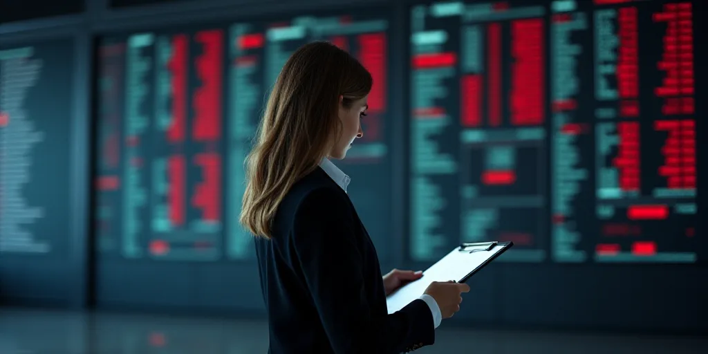 a woman holding a clipboard in front of a wall of stock tickers and a stock market board, Andries St
