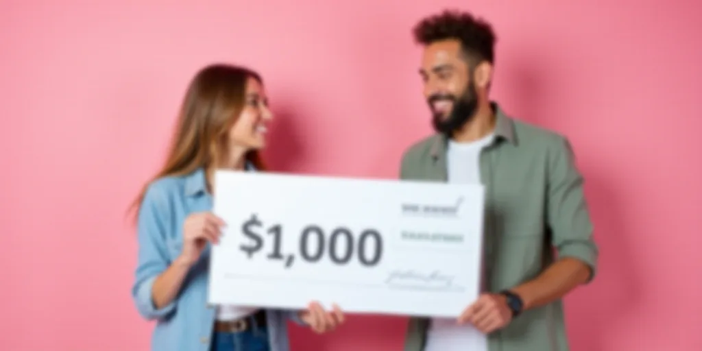 a woman holding a large check for $ 1, 000 in front of a man and woman in front of a pink background
