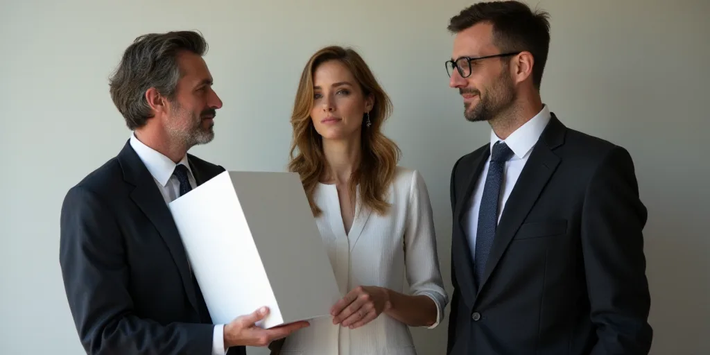 a woman holding a large white object next to a man in a suit and tie and a man in a suit and tie, Am