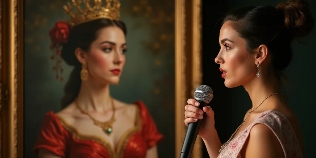 a woman holding a microphone in front of a picture of a woman with a tiara on her head, Daphne McClu
