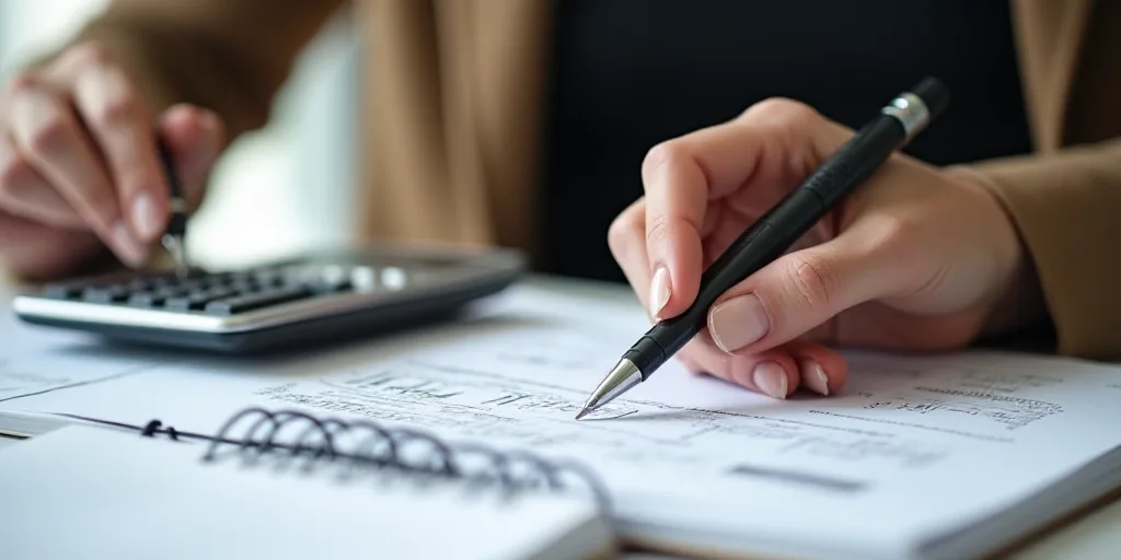 a woman holding a pen and a calculator in her hand with a calculator and a notebook in front of her,