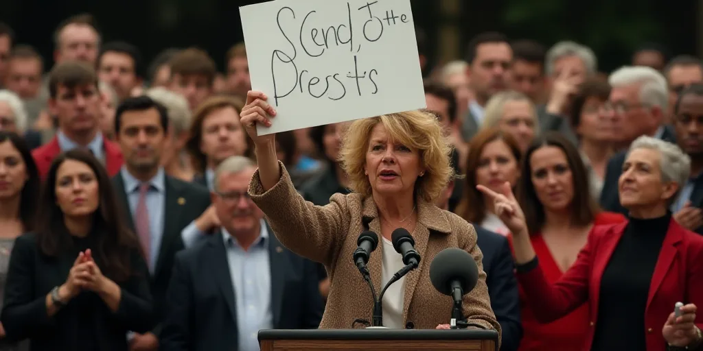 a woman holding a sign in front of a crowd of people with microphones and a microphone stand behind