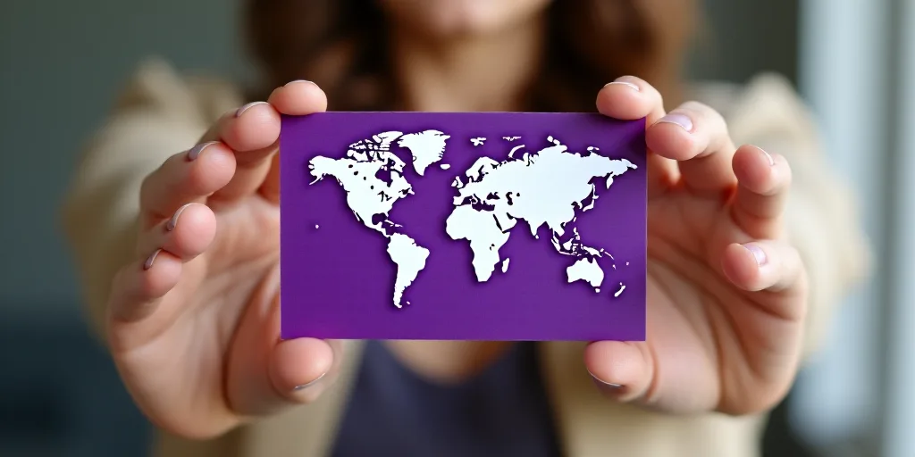 a woman holding up a purple business card with a map of the world on it in front of her, Esther Blai