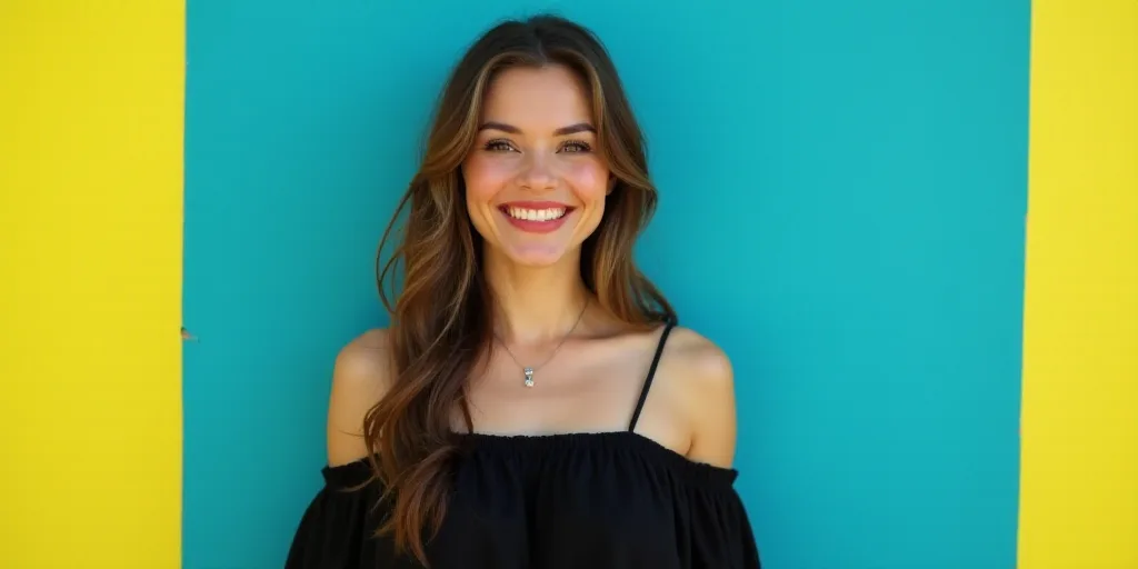 a woman in a black dress is smiling for a picture with a blue background and a yellow border around