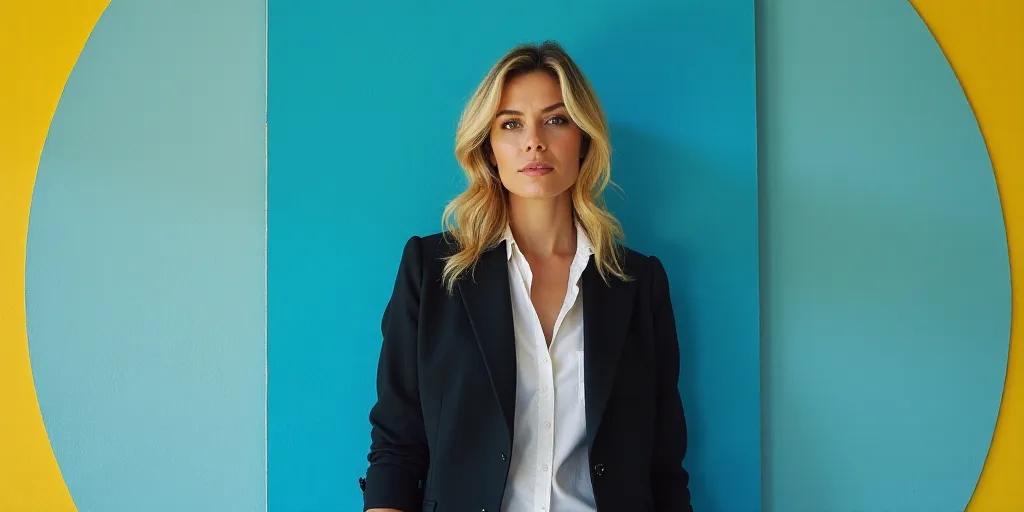 a woman in a black jacket and white shirt is standing in front of a blue background with a yellow bo
