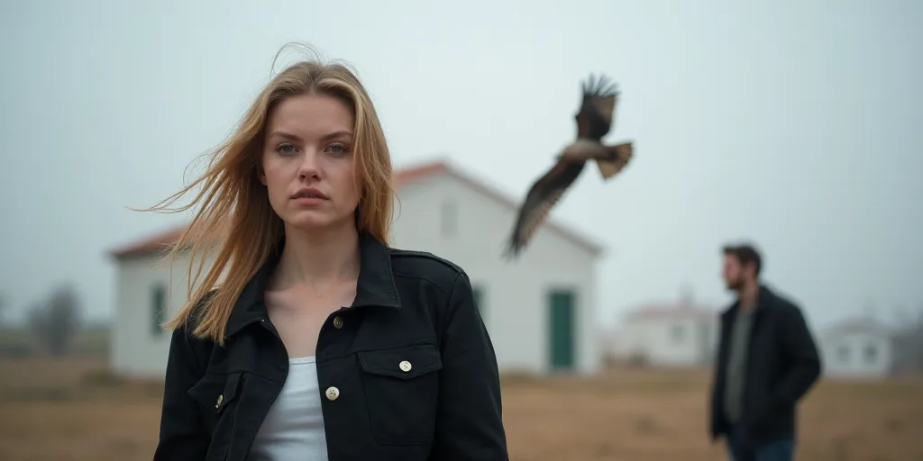 a woman in a black jacket and a bird flying in the air near her and a man in a black jacket and a wh