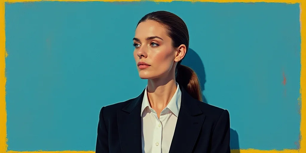 a woman in a black jacket and white shirt is standing in front of a blue background with a yellow bo