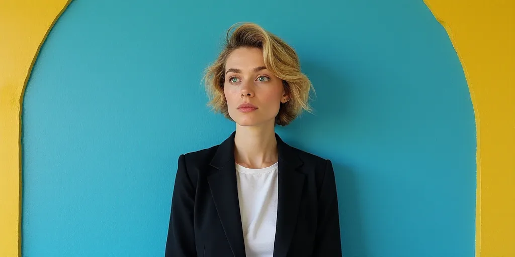 a woman in a black jacket and white shirt is standing in front of a blue background with a yellow bo