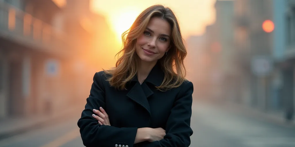 a woman in a black jacket is smiling for the camera with her arms crossed and her hands folded in fr