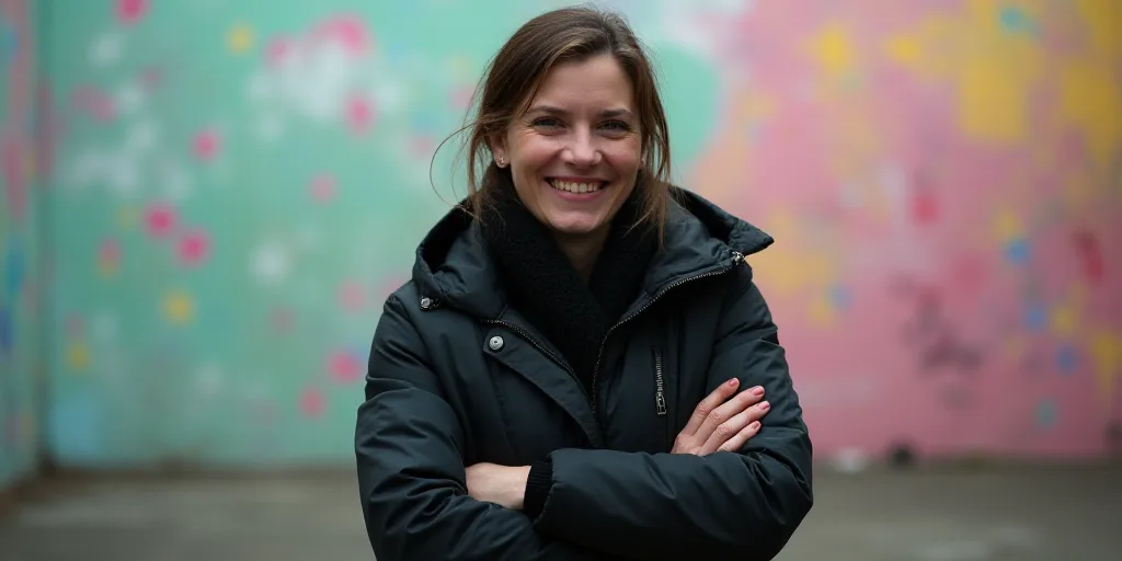 a woman in a black jacket is smiling for the camera with her arms crossed and her hands folded in fr