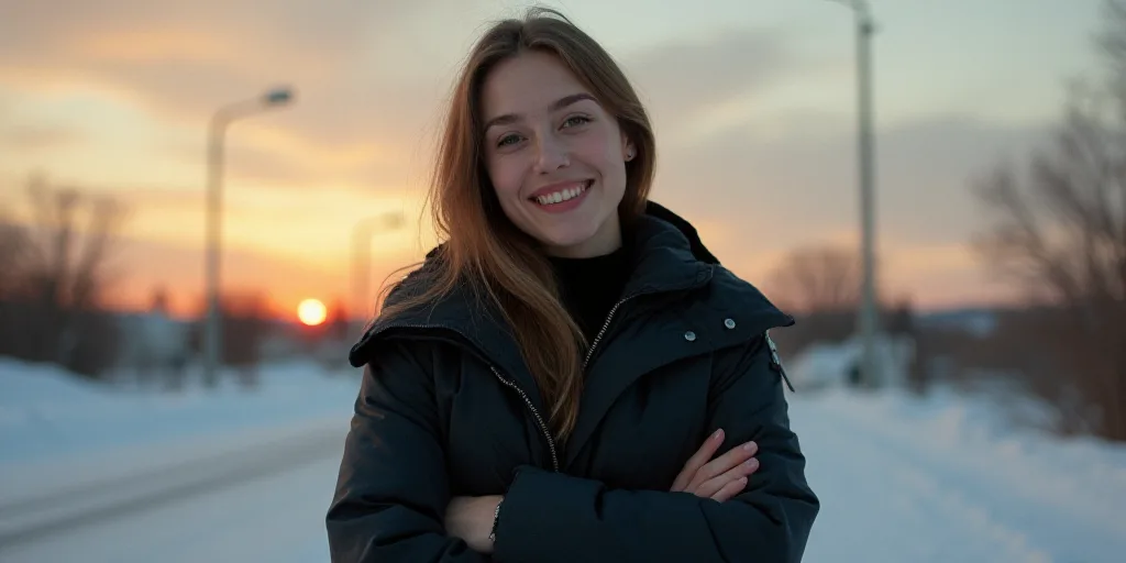 a woman in a black jacket is smiling for the camera with her arms crossed and her hands folded in fr