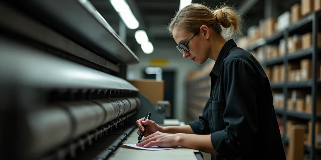 a woman in a black shirt and goggles working on a machine in a factory or workshop with a lot of she