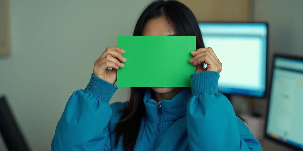 a woman in a blue jacket holding a green piece of paper over her face with a computer in the backgro