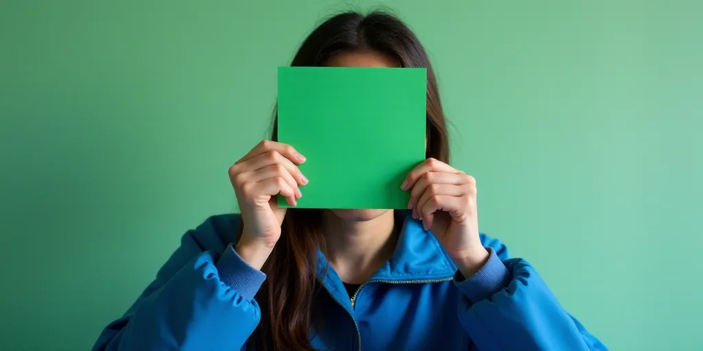 a woman in a blue jacket holding a green piece of paper over her face with a computer in the backgro