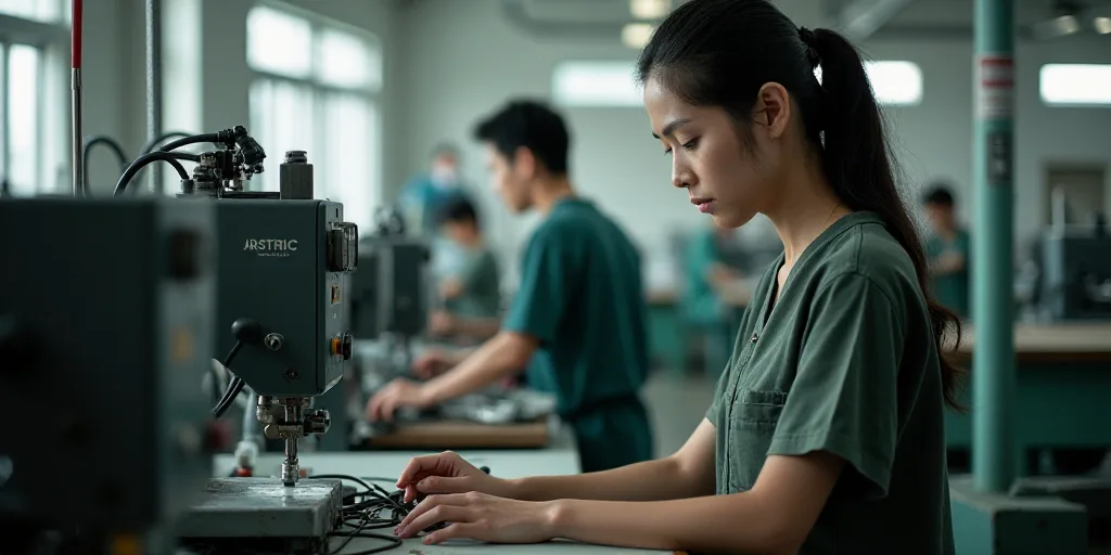a woman in a factory working on a machine with wires and other equipment on the table behind her and