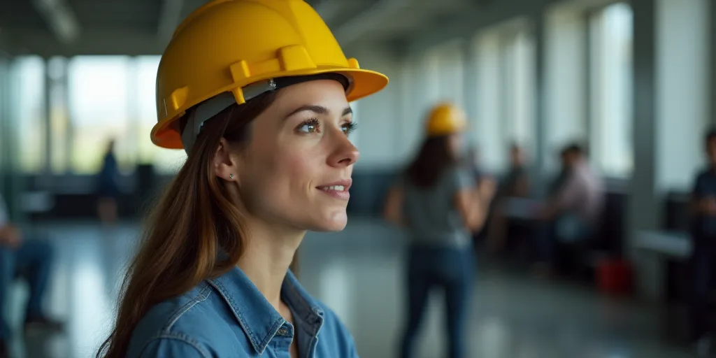 a woman in a hard hat standing in an office with other people in the background and a woman in a har